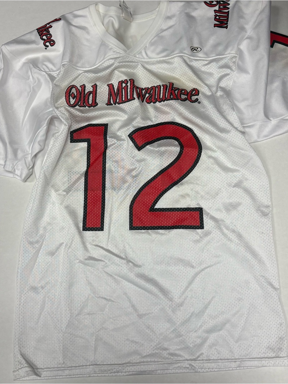 Old Milwaukee Rawlings White Mesh Jersey with Red & Black Number 12